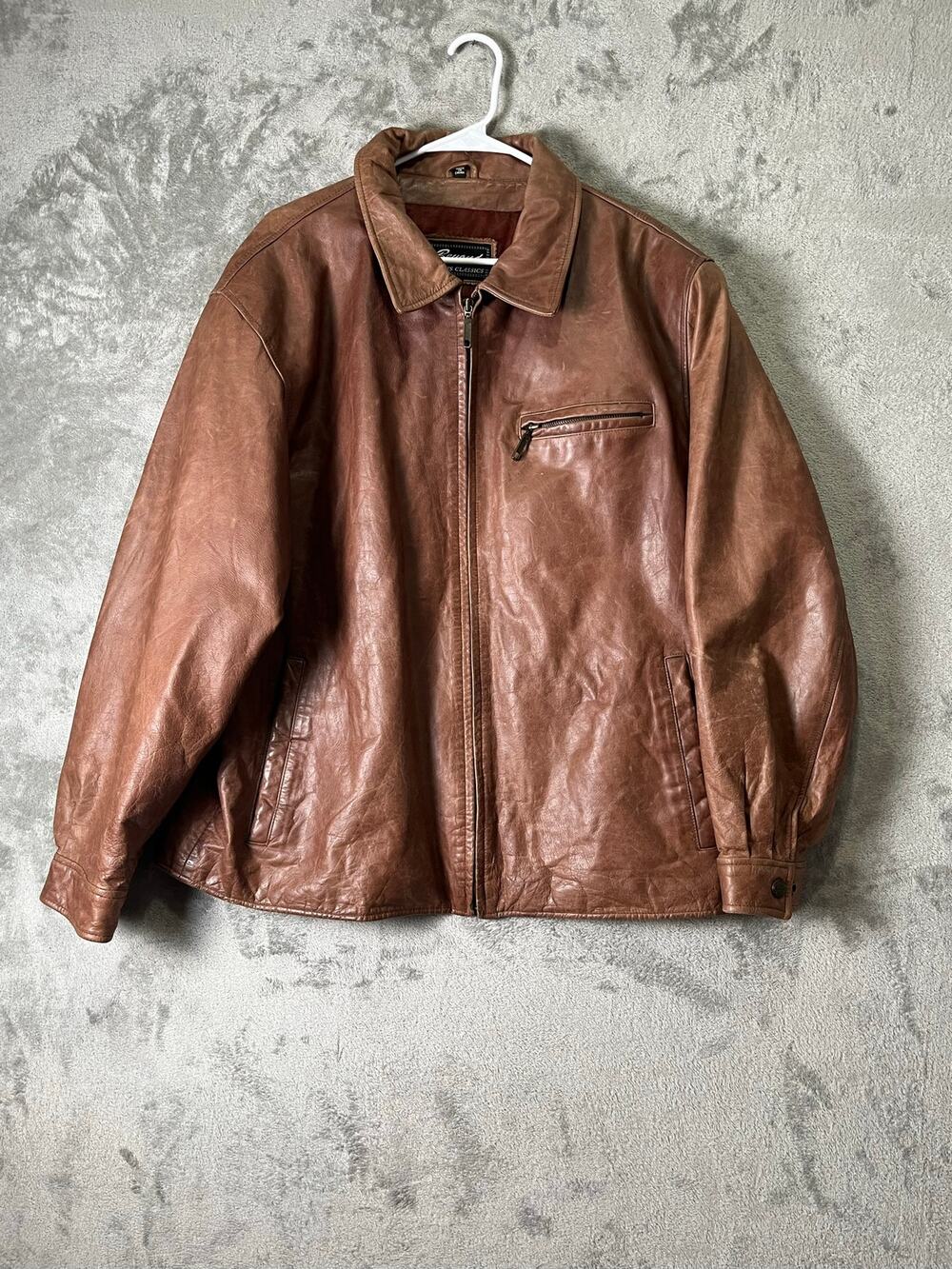 Vintage Brown Leather Zip Jacket Vintage Biker Moto Distressed Western XL 80s